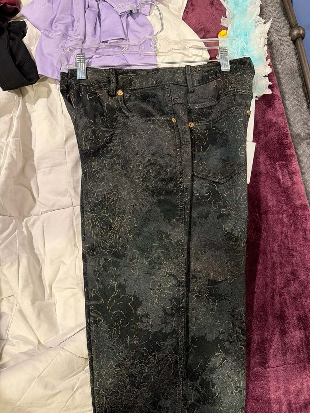 St. John Sport Black and Bronze Floral Brocade Print Slim Leg Pants Size 4